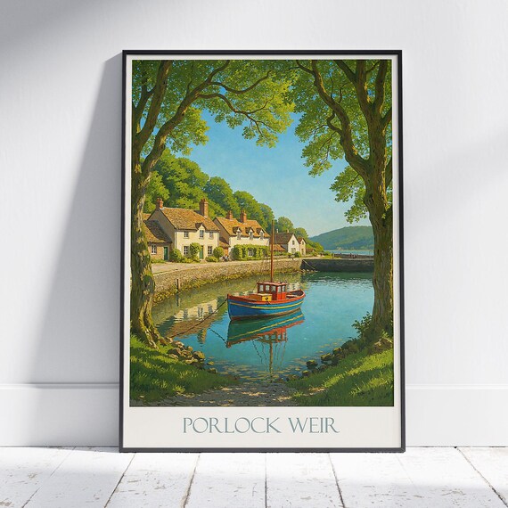 Porlock Weir Somerset Fishing Harbour Travel Poster Village Scene Art