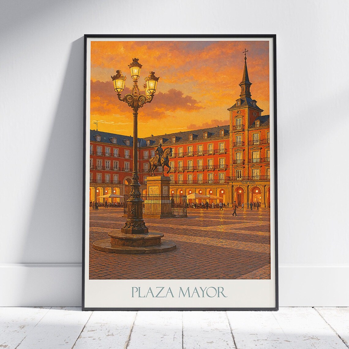 Plaza Mayor Madrid Sunset Travel Poster Lamppost Statue Square Art