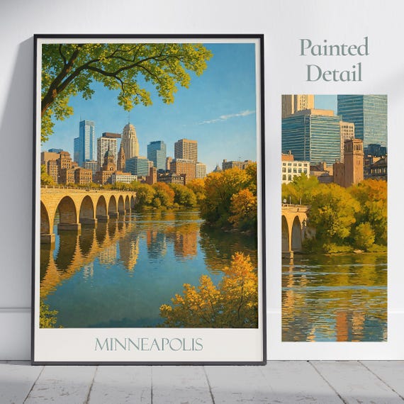 Minneapolis Travel Poster Minnesota Cityscape Print Stone Arch Bridge Art Painted Wall Decor Home Gift
