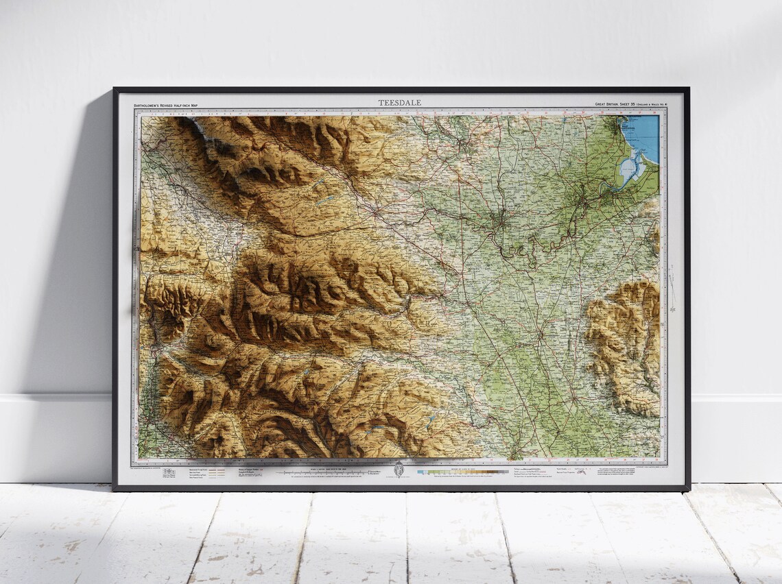 Teesdale England 3D Shaded Relief Vintage Atlas Map Wall Art