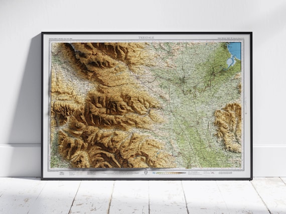 Teesdale England 3D Shaded Relief Vintage Atlas Map Wall Art