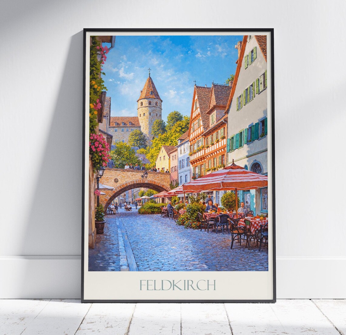 Feldkirch Austria Old Town Square Bridge Painted Travel Poster