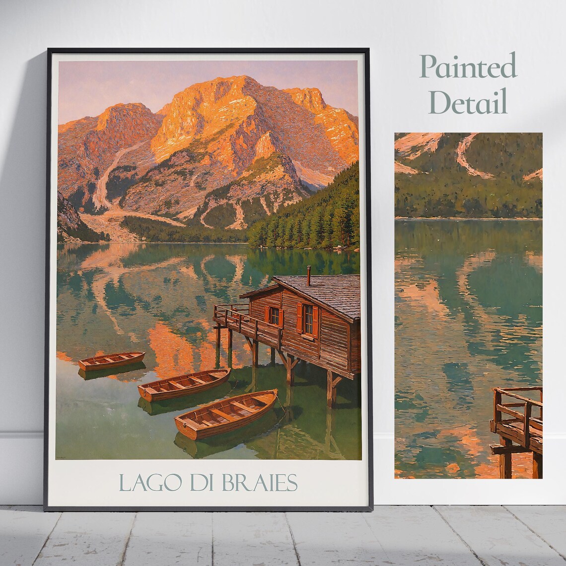 Lago di Braies Dolomites Golden Lake Boathouse Travel Poster