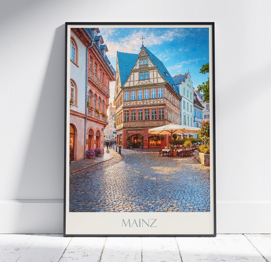 Mainz Germany Historic Half Timbered Old Town Painted Travel Poster