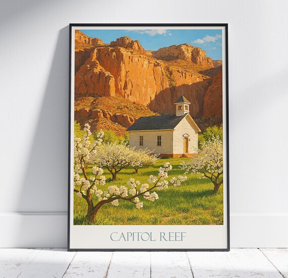 Capitol Reef Utah Red Rock Church Orchard Landscape Travel Poster