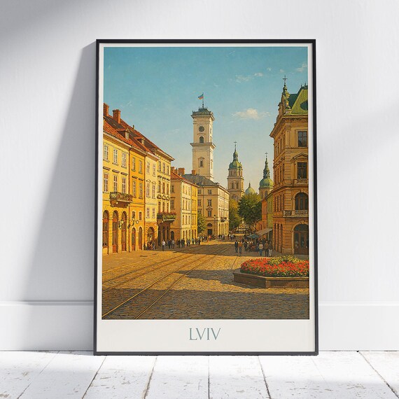 Lviv Ukraine Travel Poster with Tram Tracks and Historic Town Hall Tower