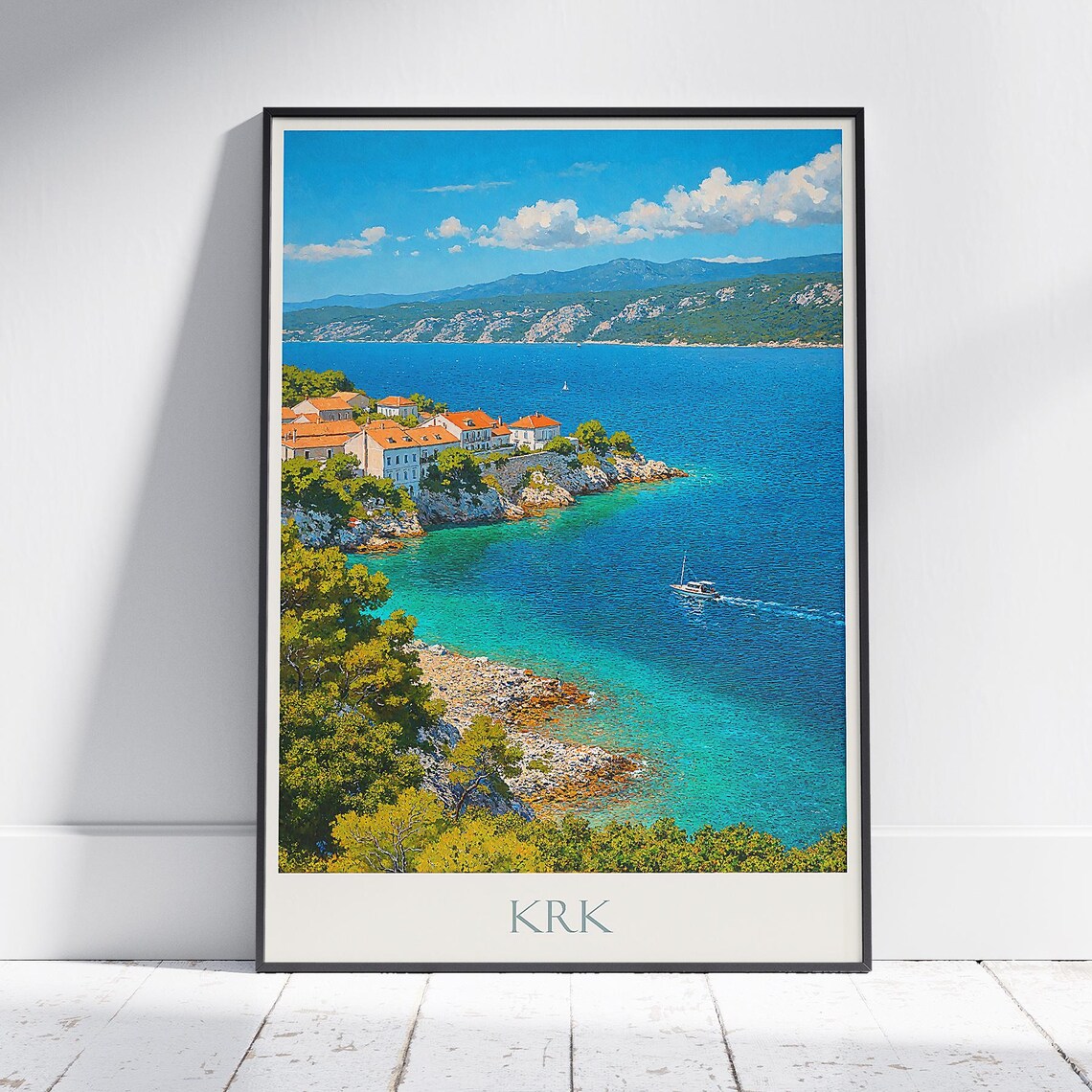 Krk Croatia Island Cliffside Village Turquoise Sea View Travel Poster