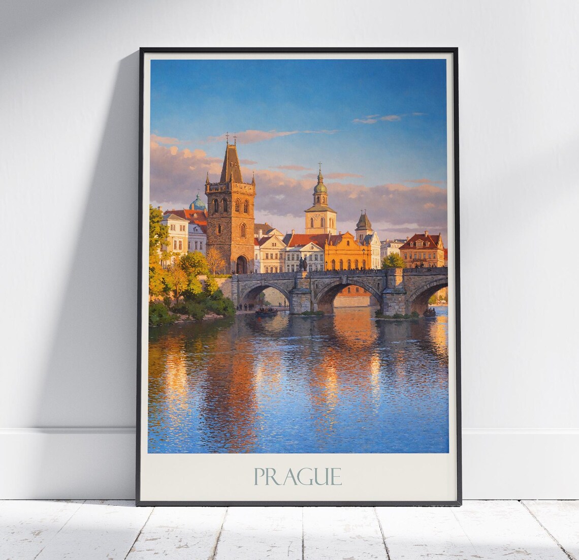 Prague Charles Bridge Sunset Reflection River Vintage Travel Poster