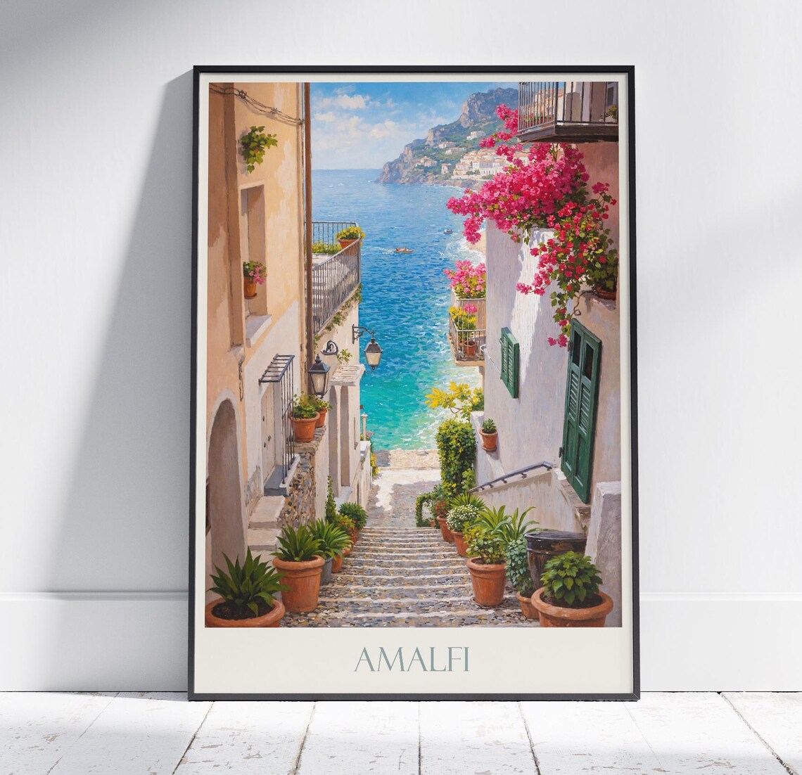 Amalfi Coast Sea Steps Bougainvillea Flowers Italy Travel Poster