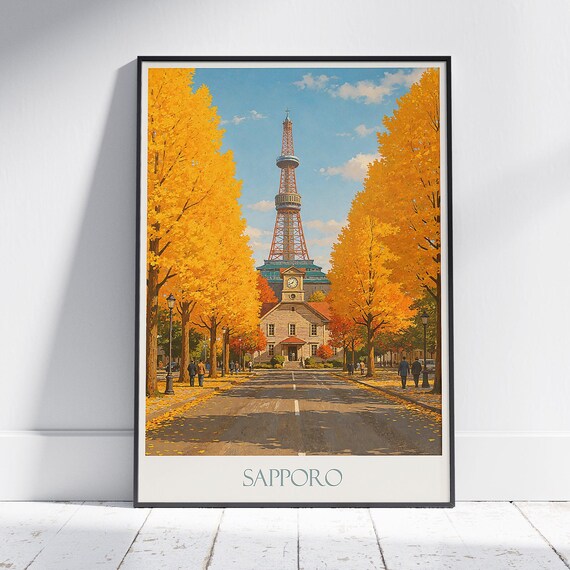 Sapporo Autumn Ginkgo Avenue and TV Tower Vintage Travel Poster