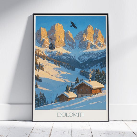 Dolomites Travel Poster Alpenglow Ski Art Winter Mountain Landscape Print Italy Home Decor
