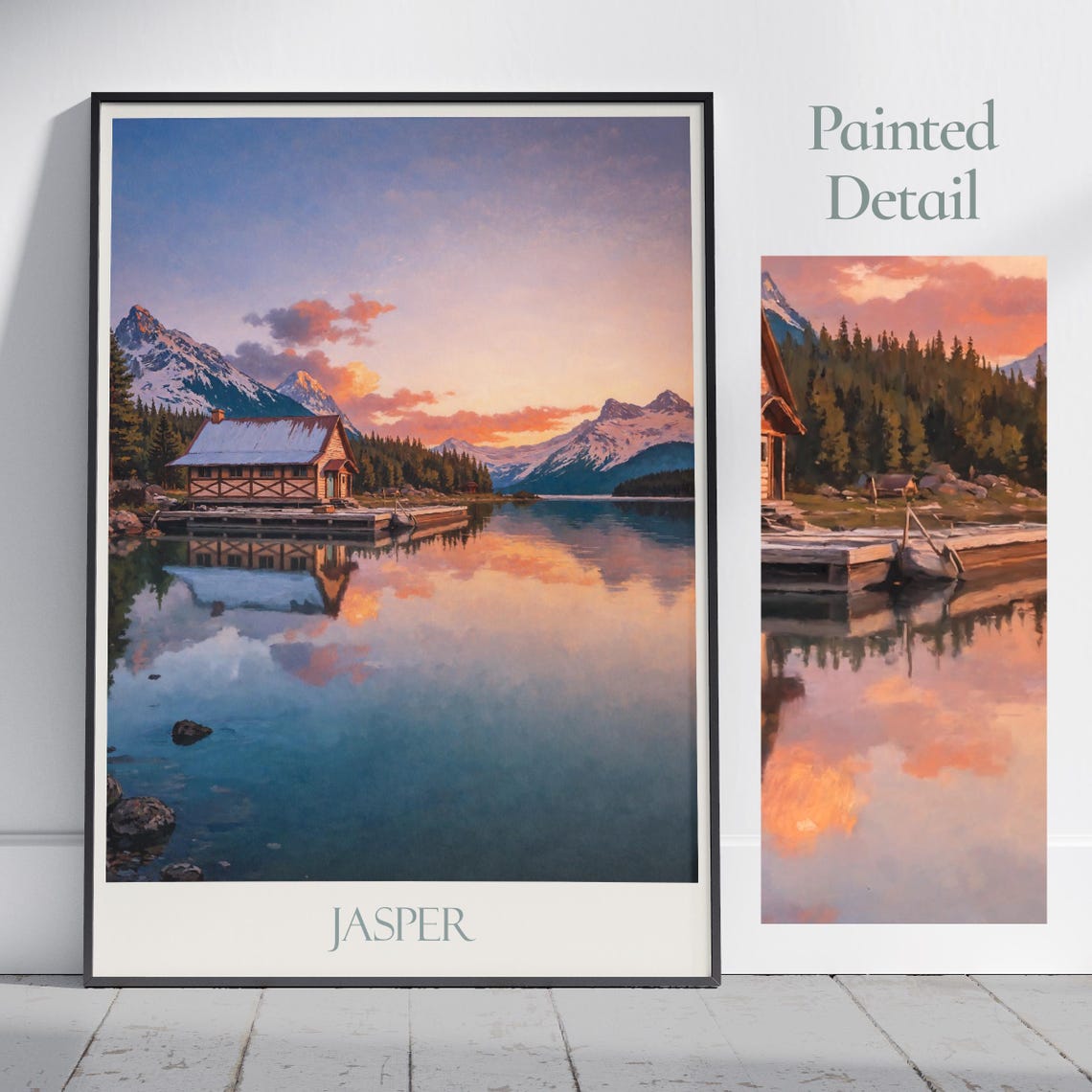 Jasper Canada Sunset Lake Boathouse Rocky Mountain Travel Poster