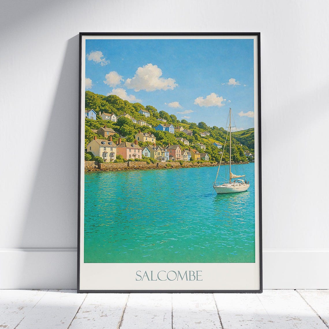 Salcombe Devon Harbour Sailboat Turquoise Water Travel Poster