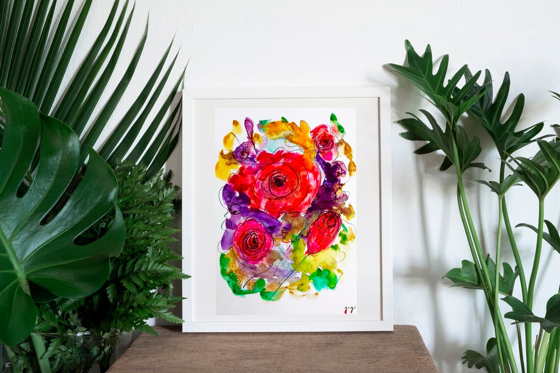 Red Roses in Loose Jewel Tone Watercolor Floral Bouquet Poster