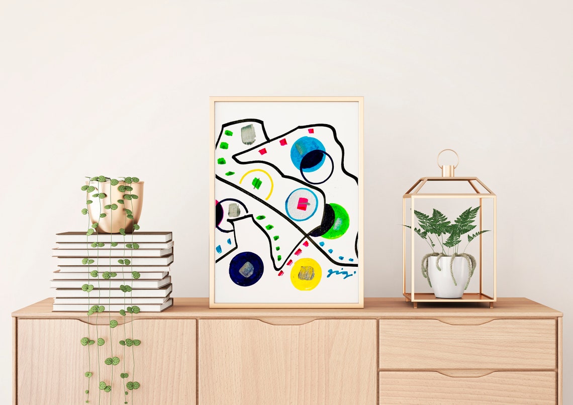 Playful Scribble Lines With Colorful Dots Abstract Art Poster
