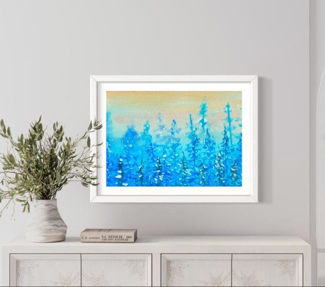 Misty Blue Watercolor Pine Forest Landscape Golden Sunset Poster