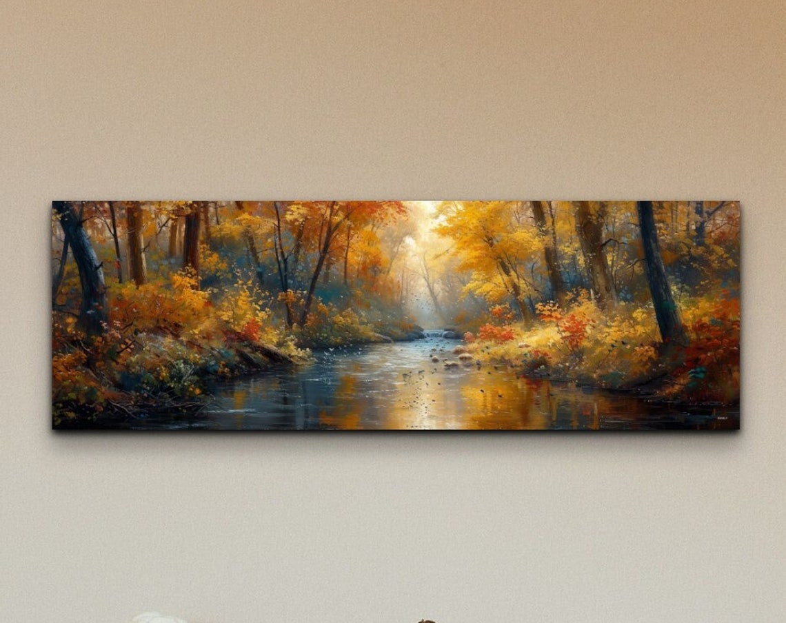 Panoramic Autumn Forest Stream Golden Light Fall Painting Poster