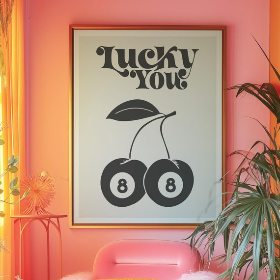 Lucky You 8 Ball Art Print Poster Vintage Food Print Trendy Retro Print Cherry Illustration Mid Century Print Modern Kitchen Wall Art