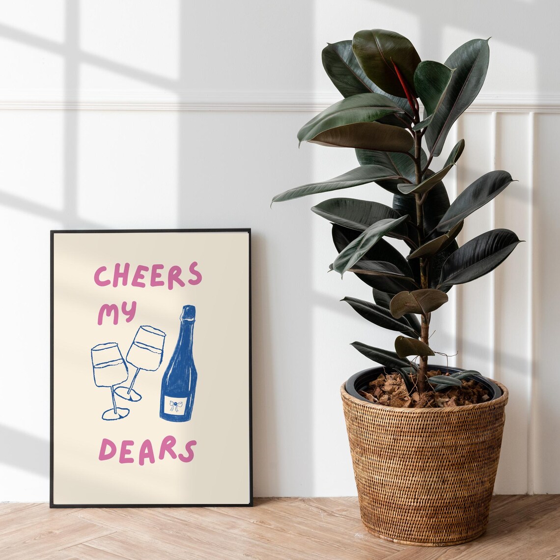Cheers My Dears Pink Wine Bottle Glasses Bar Cart Quote Poster - Image 3