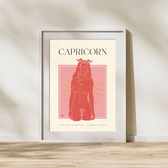 Capricorn Zodiac Sign Bold Crimson Horned Woman Astrology Poster