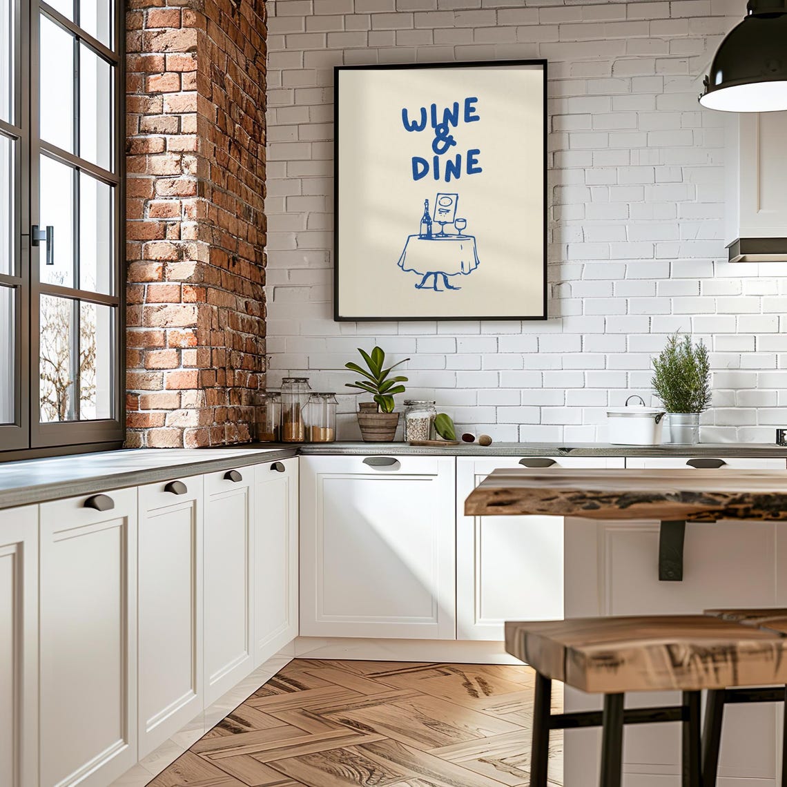 Wine and Dine Navy Kitchen Blue Table Sketch Quote Art Poster