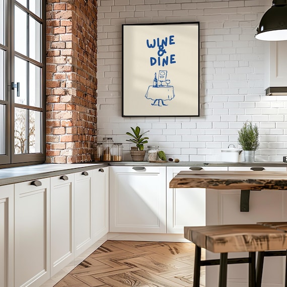Wine and Dine Navy Kitchen Blue Table Sketch Quote Art Poster