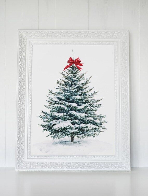 Snowy Christmas Tree With Red Bow Topper Watercolor Holiday Poster