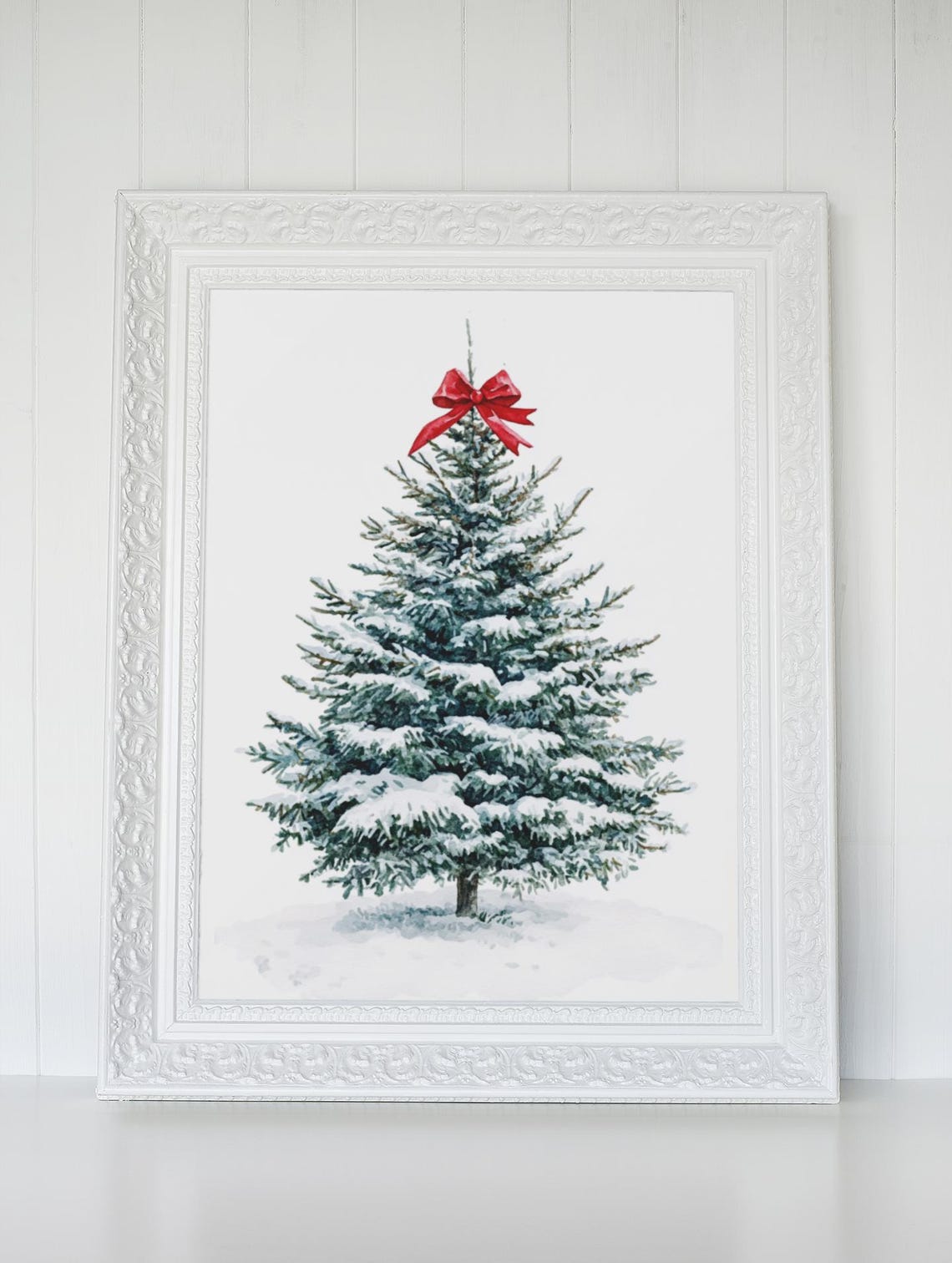 Snowy Christmas Tree With Red Bow Topper Watercolor Holiday Poster
