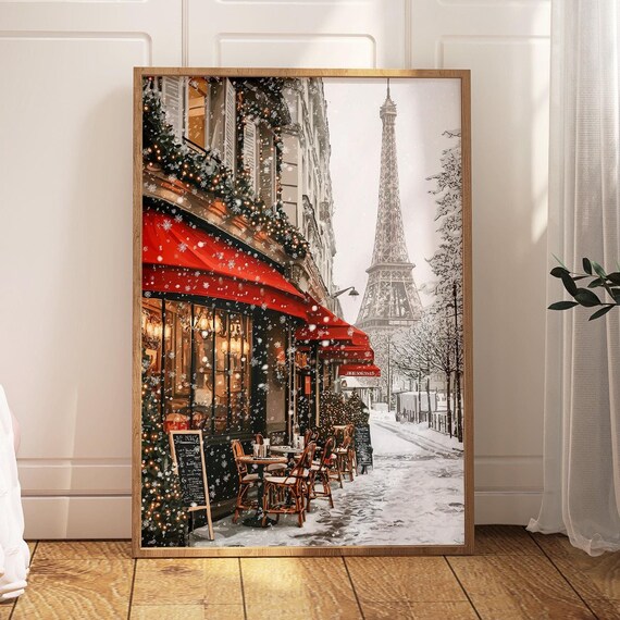 Paris Winter Eiffel Tower Snowy Cafe Christmas Lights Poster