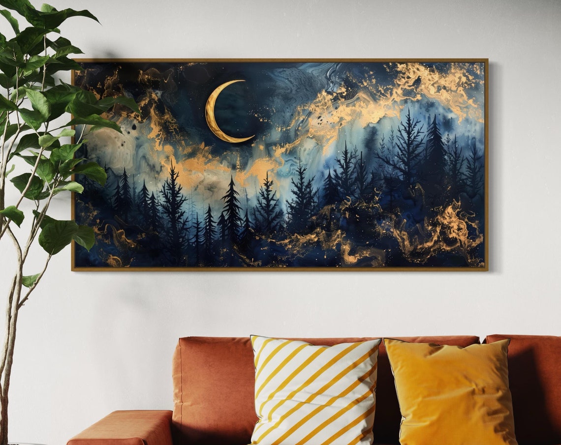 Crescent Moon Over Night Forest Navy Blue Celestial Panorama Print