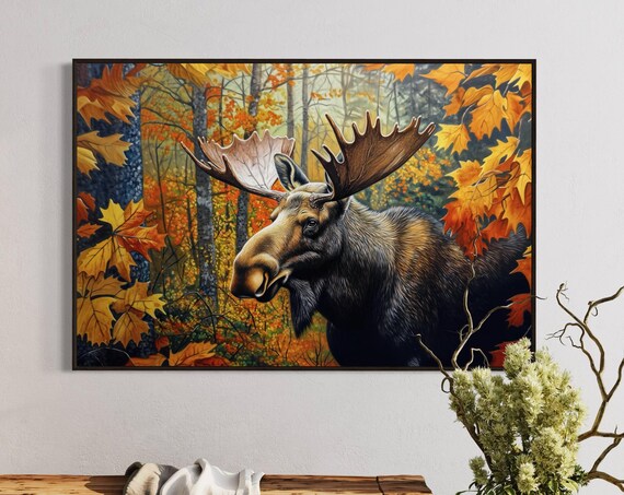 Moose Portrait Autumn Forest Realistic Bull Wildlife Painting Art Wall Poster