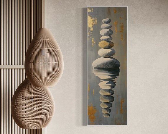 Zen Stacked Stones Water Reflection Tall Vertical Meditation Poster