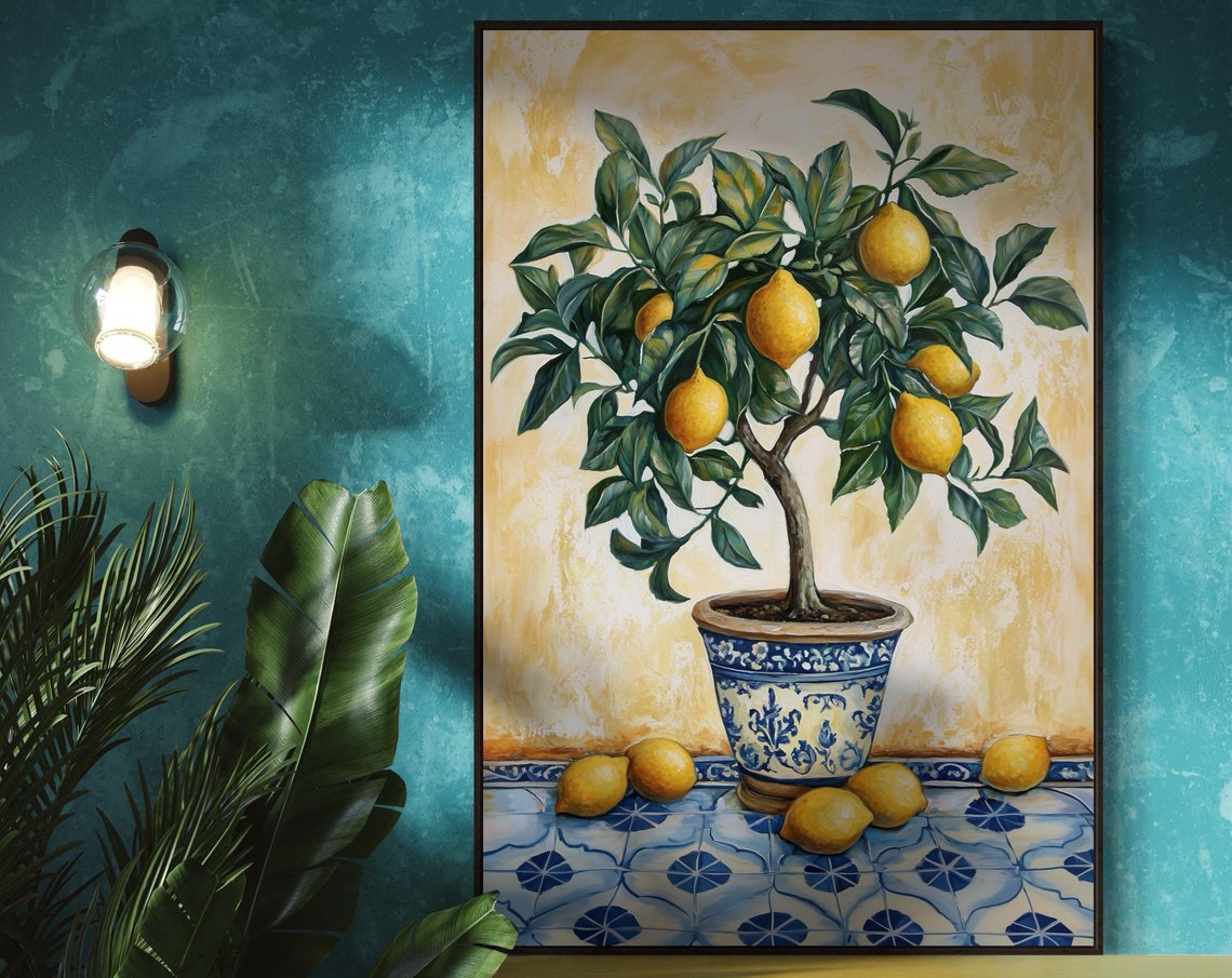 Vibrant Italian Lemon Tree Ceramic Pot Kitchen Mediterranean Art Print