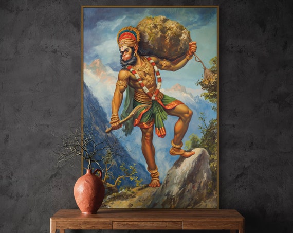 Divine Strength Lord Hanuman Art Spiritual Indian Artwork Print For Yoga Studios Zen Decor Inspired By Hindu Mythologypower