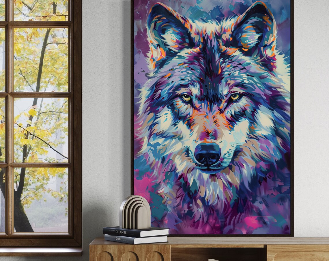 Colorful Blue Wolf Portrait Vibrant Pop Art Wildlife Animal Poster