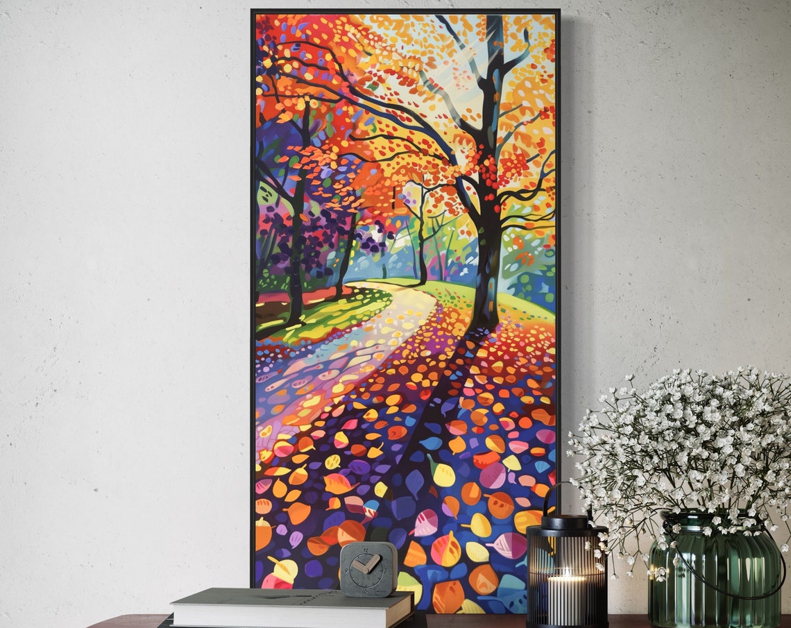 Enchanted Autumn Forest Path Colorful Falling Leaves Vertical Print