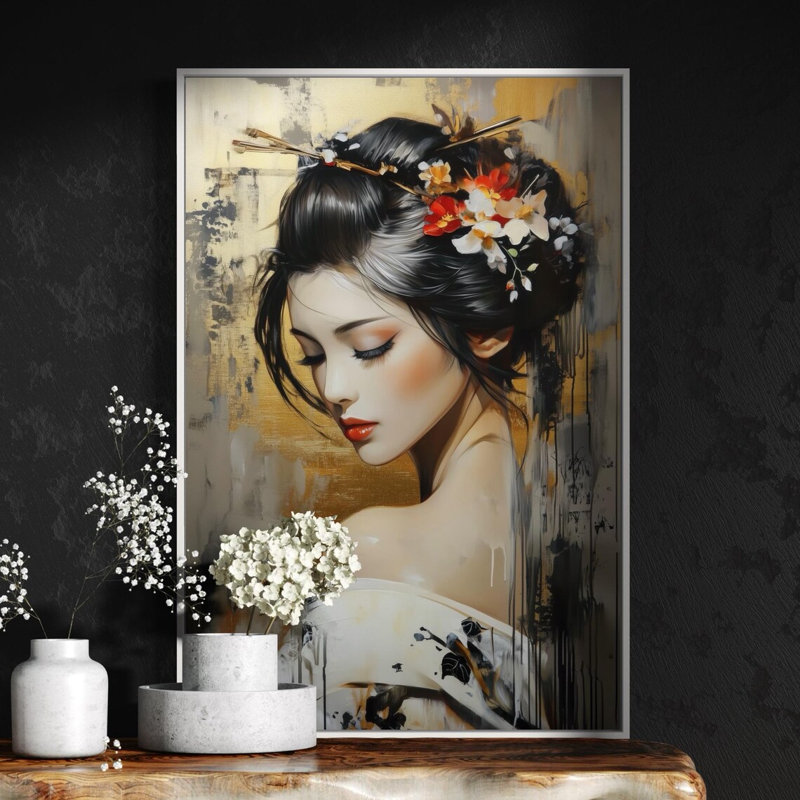 Elegant Geisha Portrait Gold Background Japanese Floral Beauty Poster