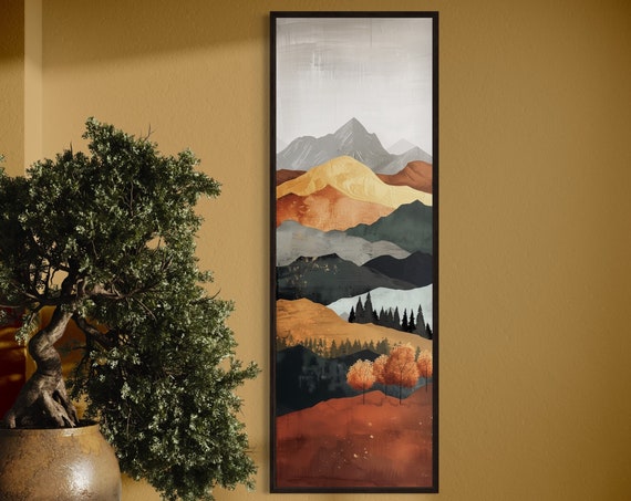 Luxury Boho Mountain Art Earth Tone Tall Vertical Painting Print For Long Narrow Wall Decor Minimalist Mountain Print