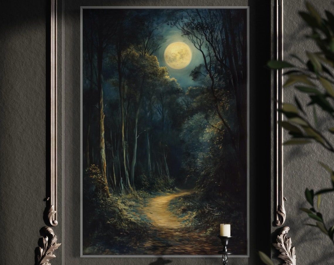 Enchanted Dark Forest Painting Print Mystical Art With Full Moon For Gothic Home Decor And Moody Wall Art