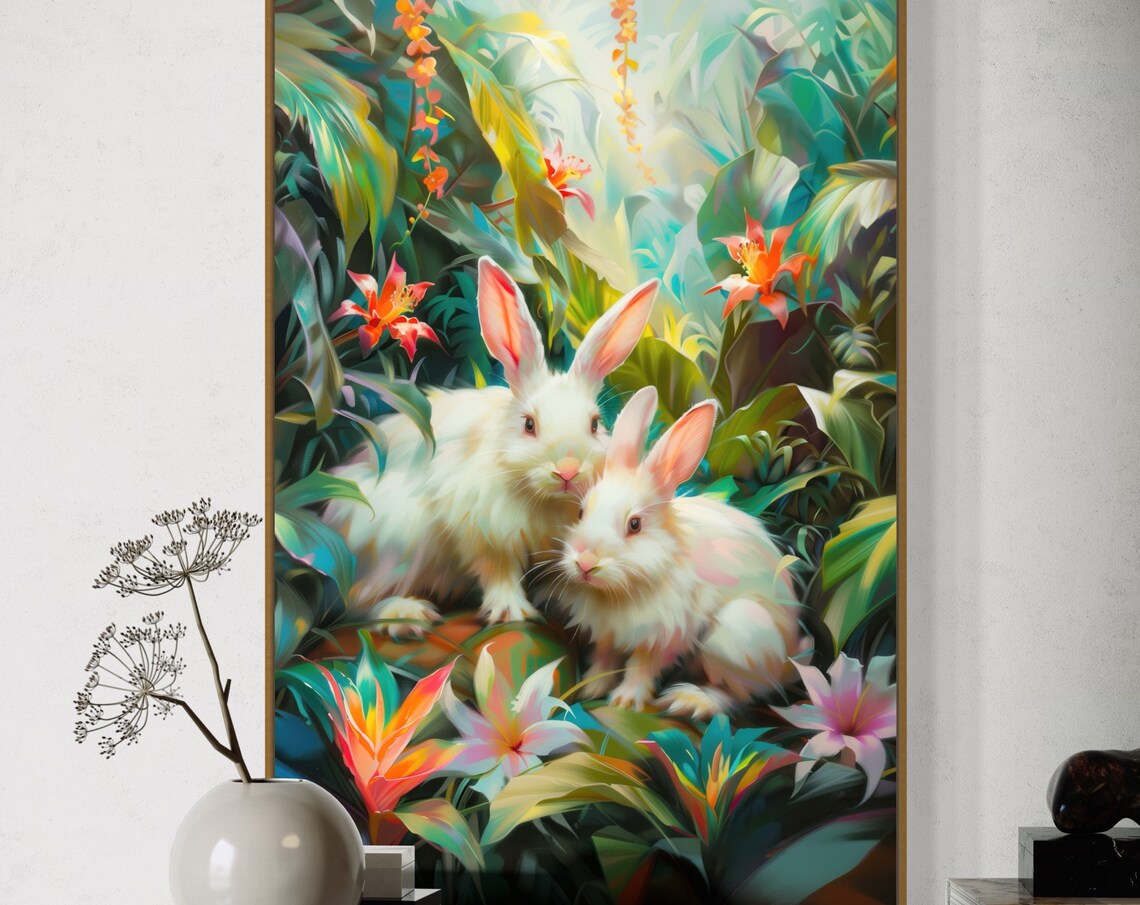 White Rabbits Tropical Garden Floral Whimsical Wildlife Wall Art