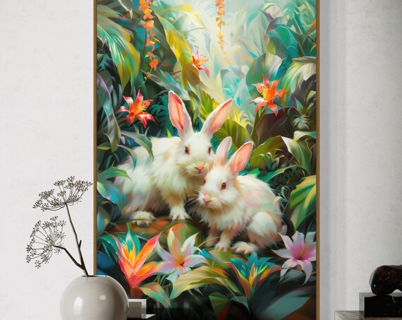 White Rabbits Tropical Garden Floral Whimsical Wildlife Wall Art