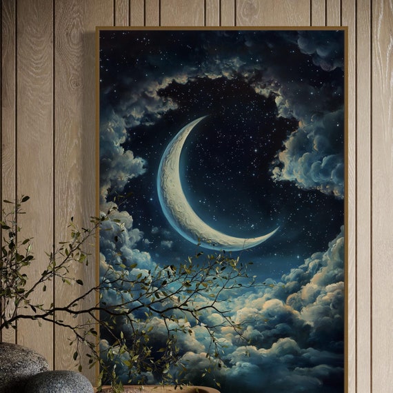 Celestial Moonlit Sky Dreamy Crescent Moon Wall Art Starry Night Print Ethereal Cloudscape For Bedroom Or Living Room