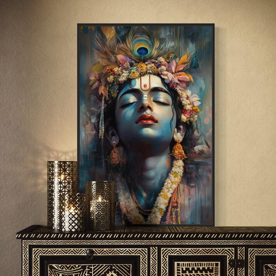 Colorful Krishna with Peacock Feather, Hindu Art Print