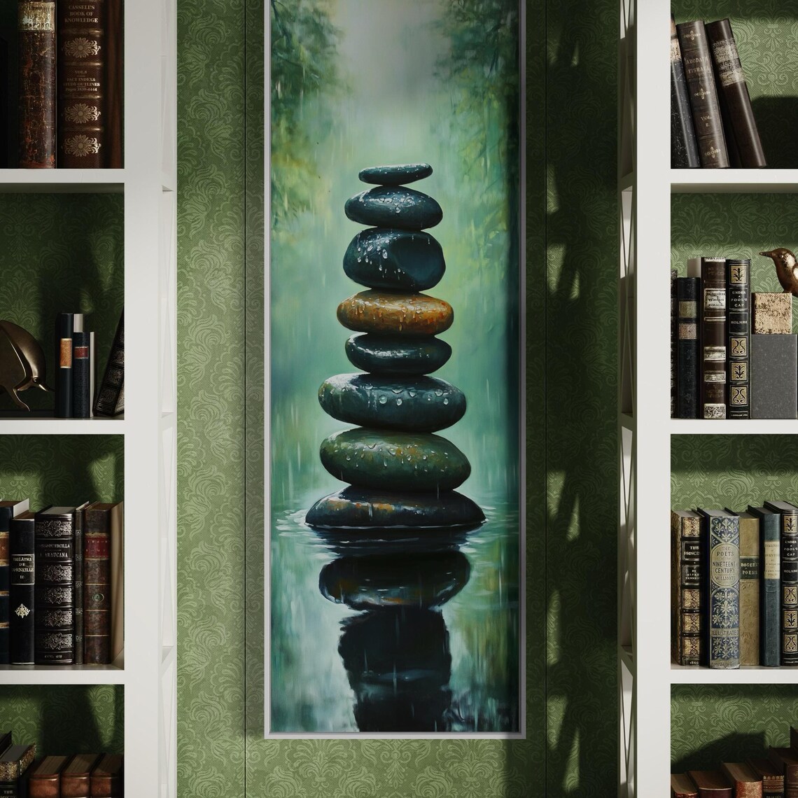 Zen Balancing Stones Cairn Misty Forest Water Reflection Meditation Art Poster
