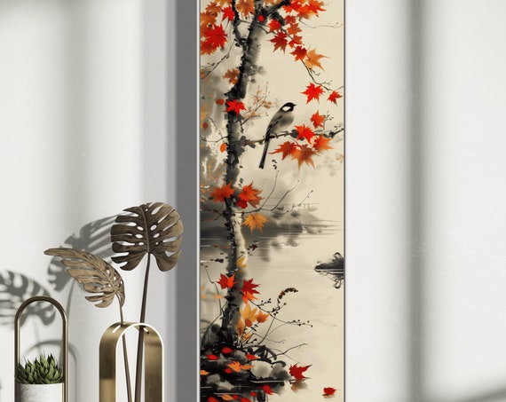 Autumnal Bird and Maple Tree Wall Art Decor Print