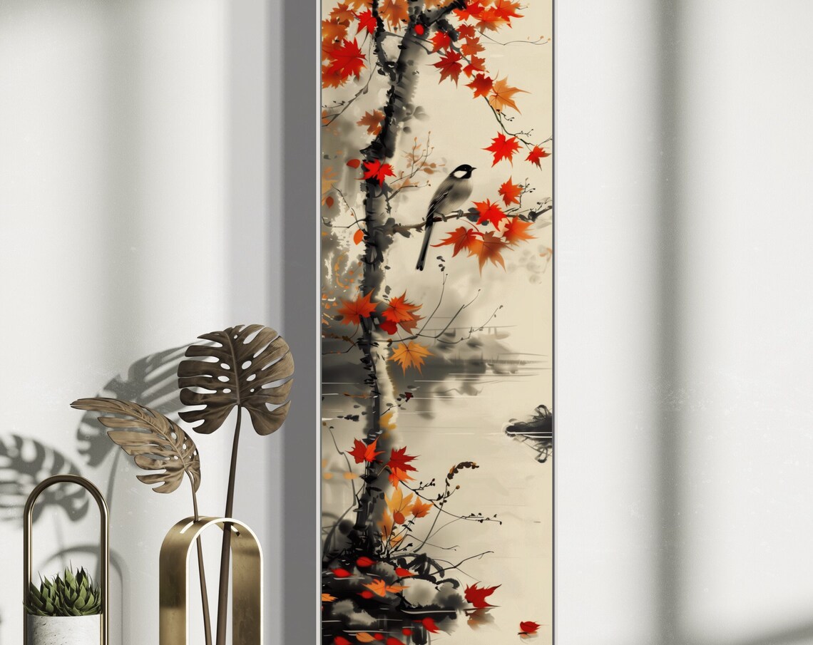 Autumnal Bird and Maple Tree Wall Art Decor Print