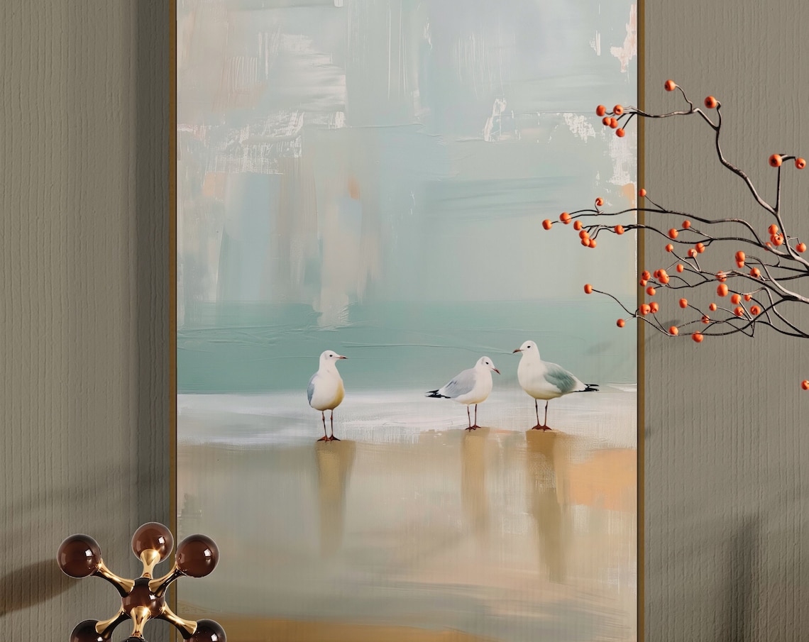 Abstract Seagull Shoreline, Modern Coastal Art Print