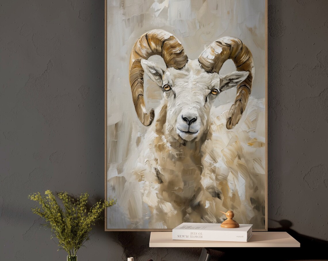 White Ram with Curled Horns Vertical Wildlife Portrait Wall Art