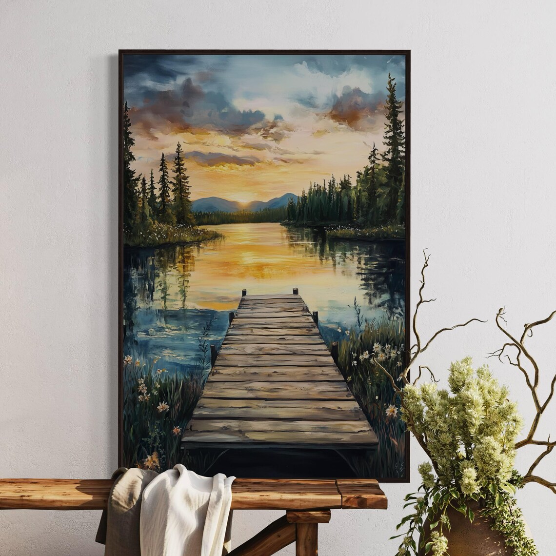 Lake Sunset Dock Art Print, Rustic Pier Landscape