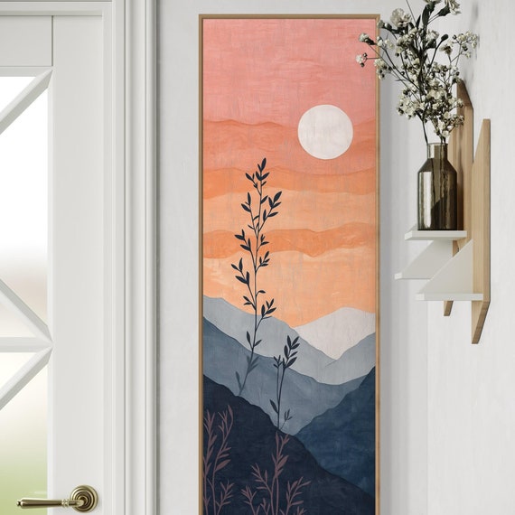 Boho Sunrise Mountain Minimalist Landscape Wall Art Vertical Narrow Art Print Luxury Decor For Living Room Or Bedroom